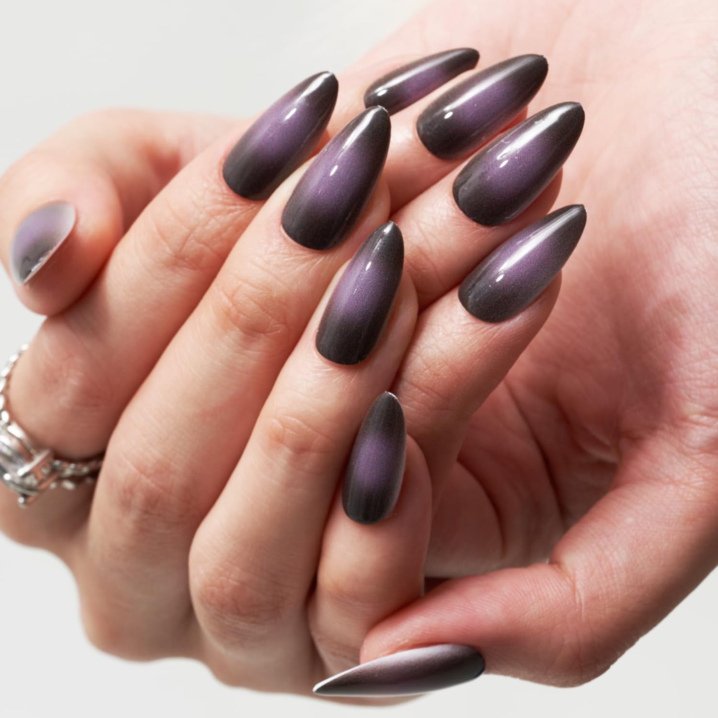Celestial Storm – Silver Holographic Almond Press-On Nails