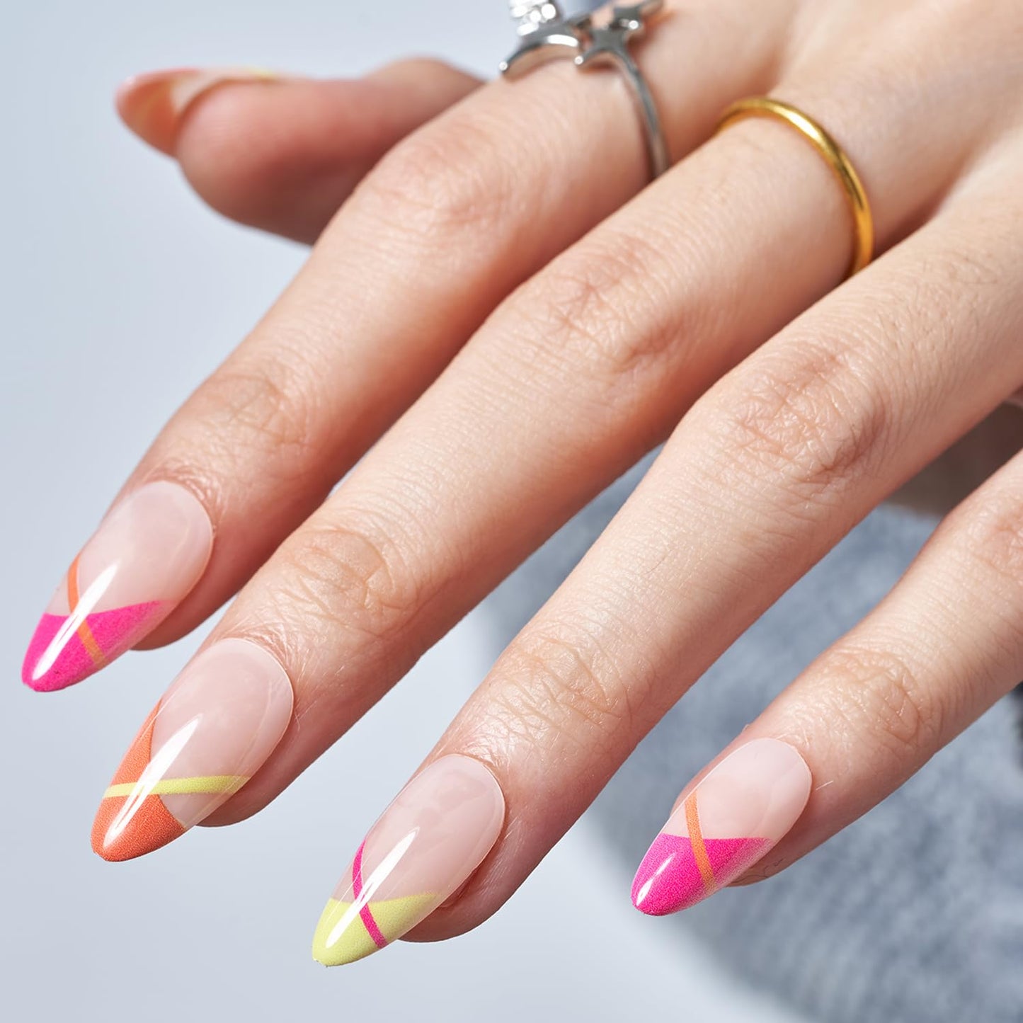 Sunfire Kiss – Neon French Tip Almond Press-On Nails