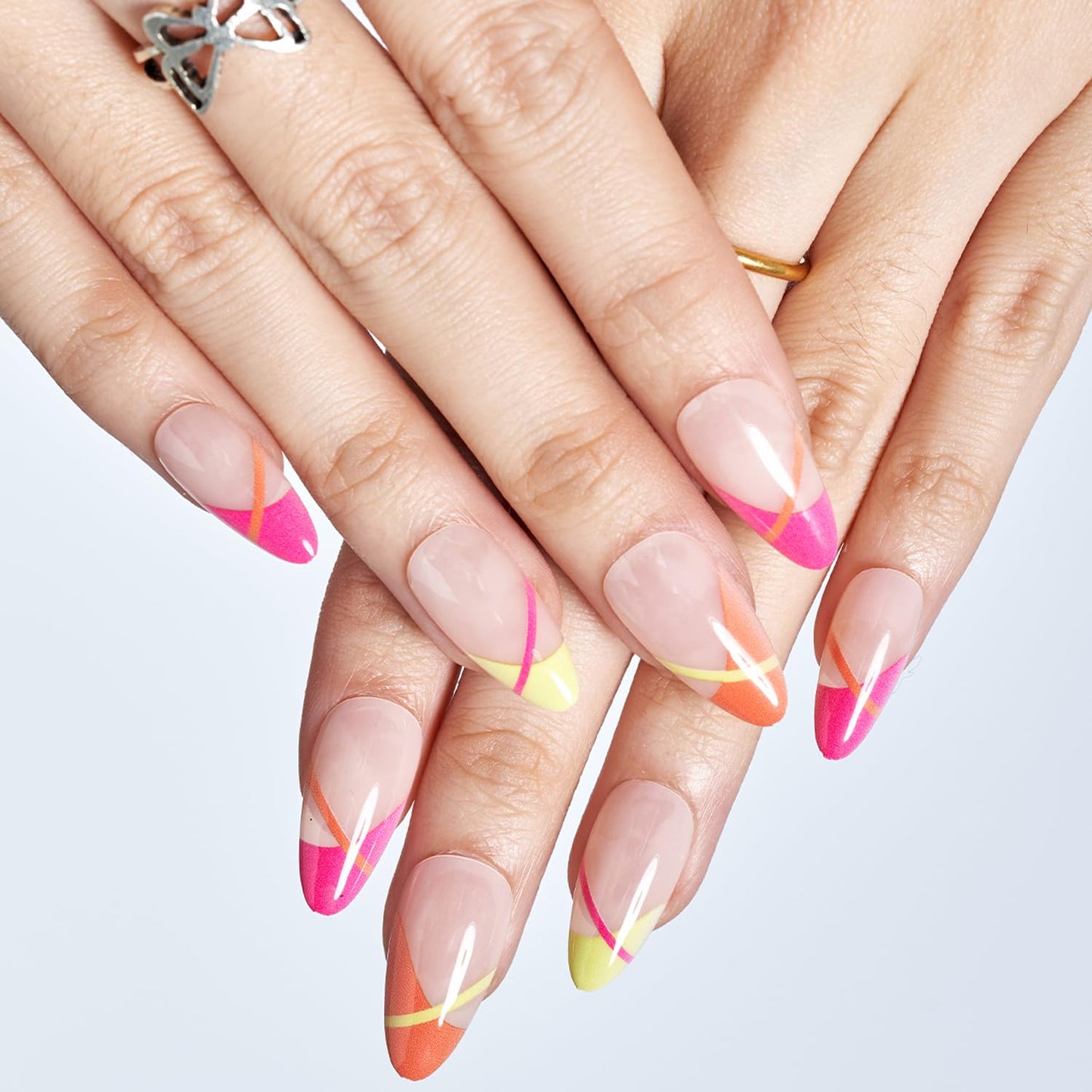 Sunfire Kiss – Neon French Tip Almond Press-On Nails