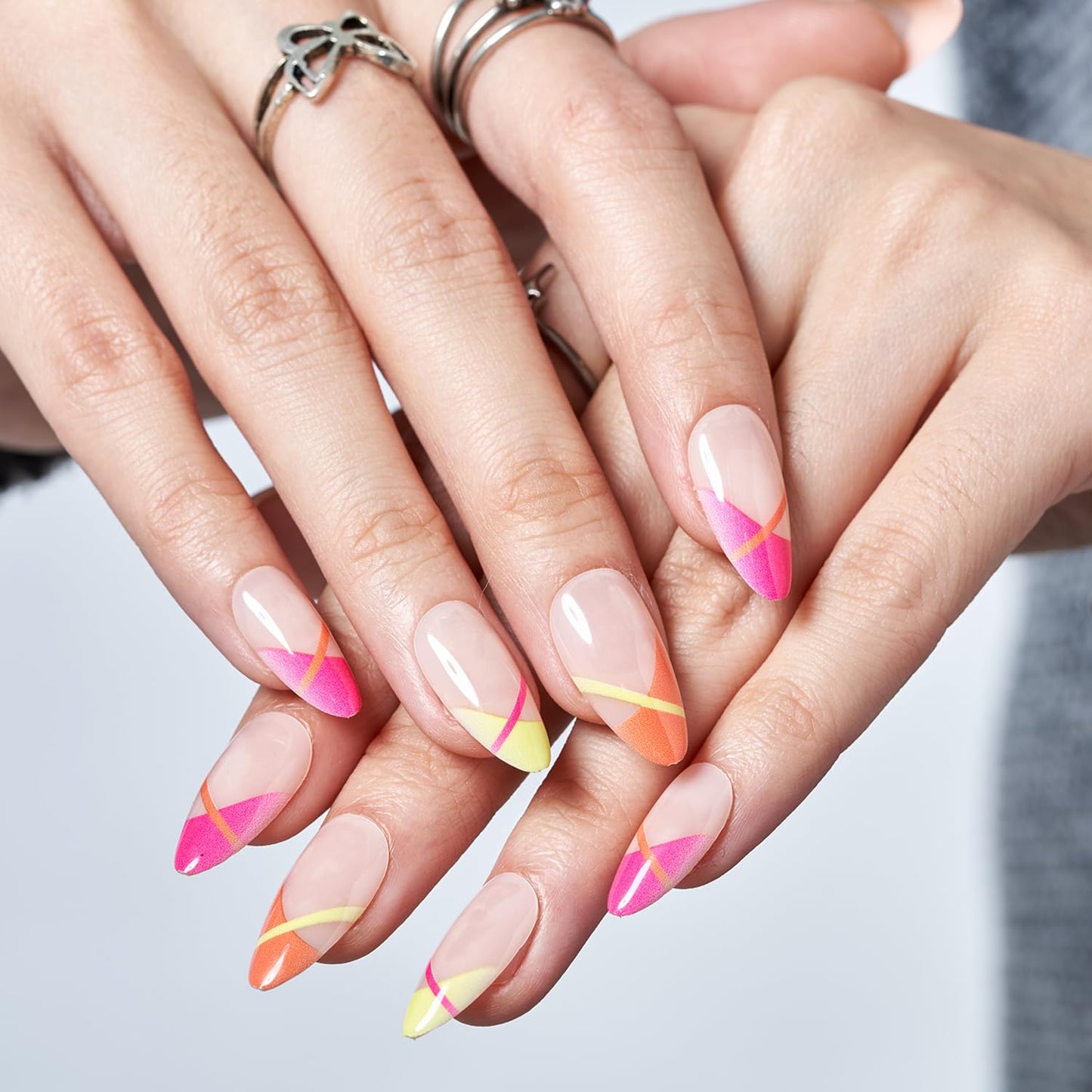 Sunfire Kiss – Neon French Tip Almond Press-On Nails