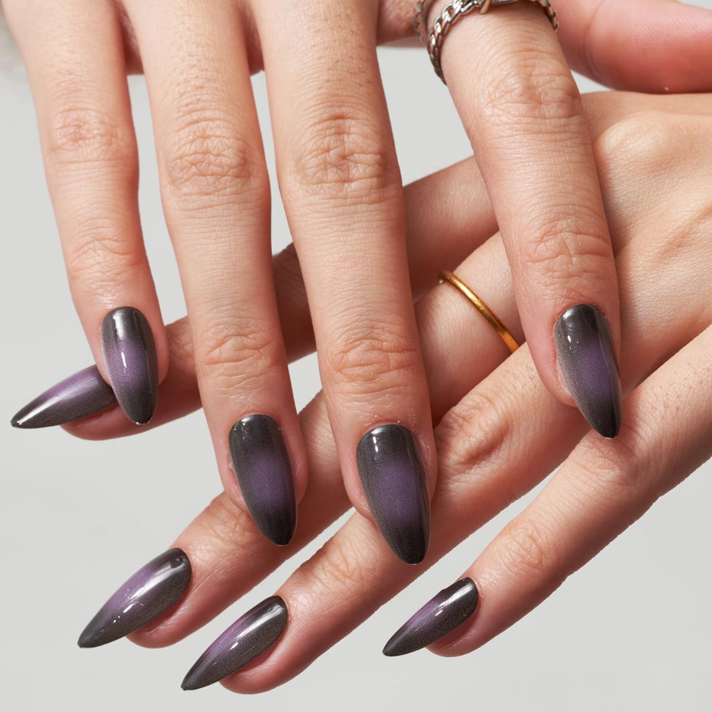 Celestial Storm – Silver Holographic Almond Press-On Nails