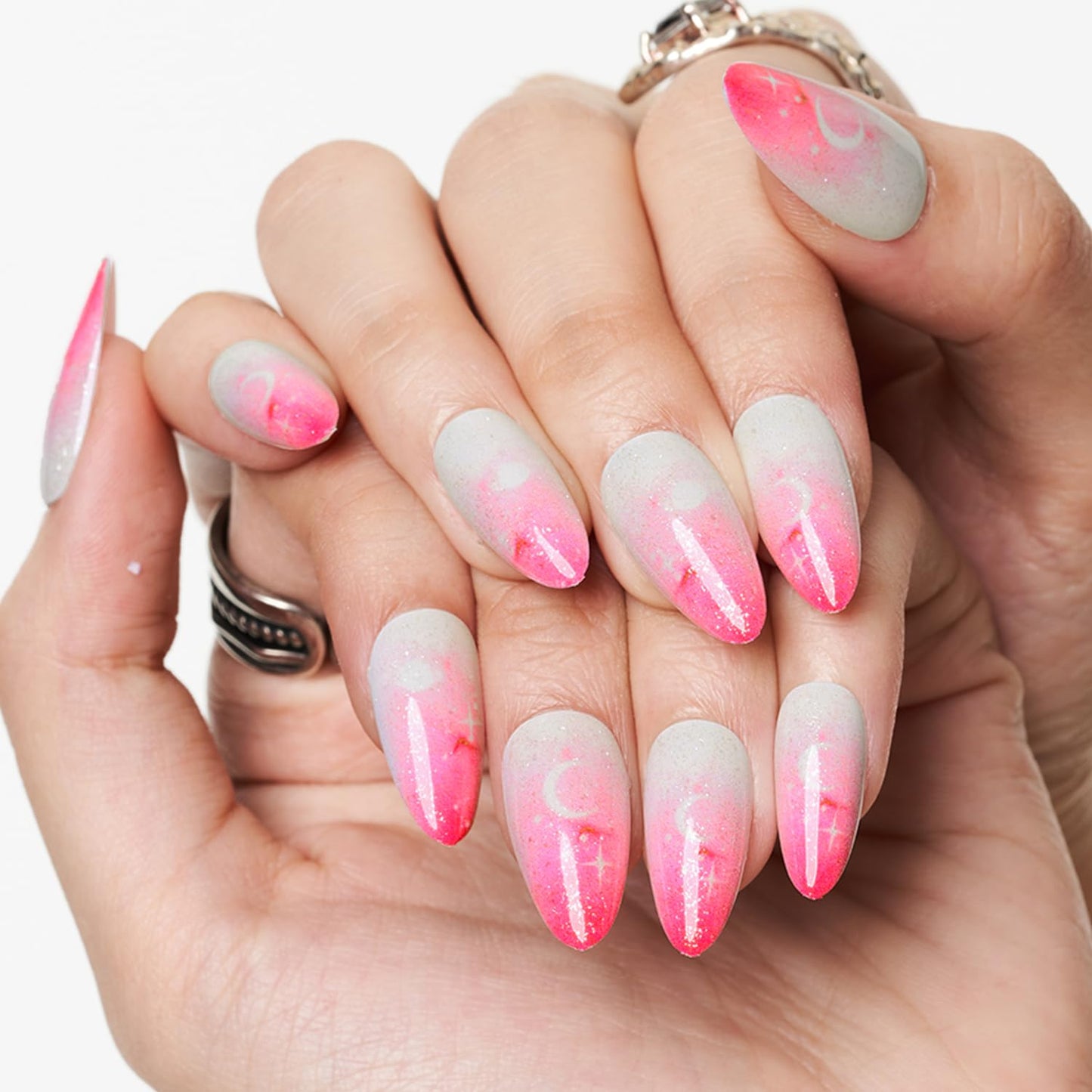 Rosy Veil – Pink Ombré Glossy Almond Press-On Nails