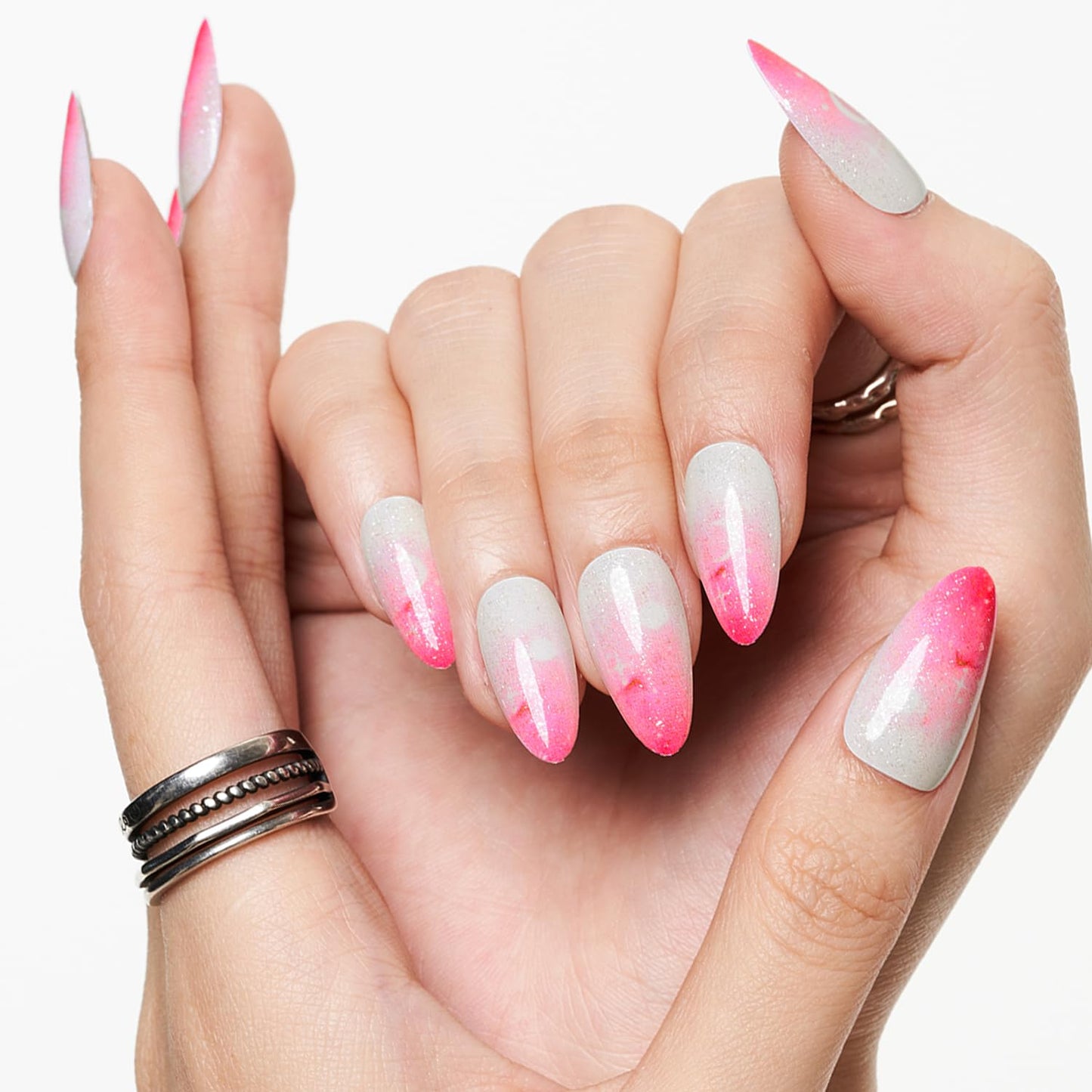 Rosy Veil – Pink Ombré Glossy Almond Press-On Nails