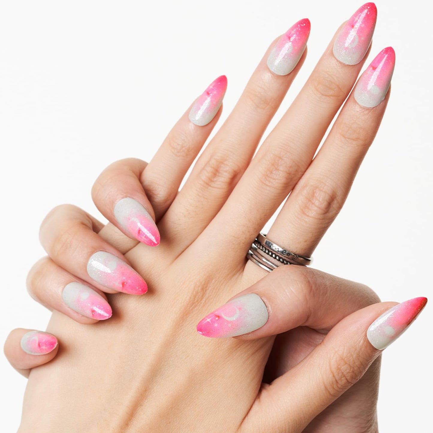 Rosy Veil – Pink Ombré Glossy Almond Press-On Nails