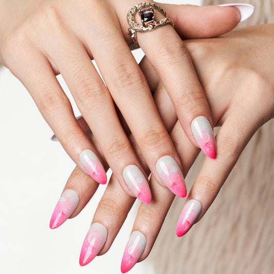 Rosy Veil – Pink Ombré Glossy Almond Press-On Nails